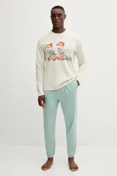 United Colors of Benetton pijamale de bumbac culoarea bej, cu imprimeu, 30964P02Y imagine