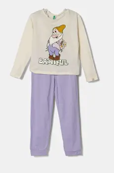 United Colors of Benetton pijamale de bumbac pentru copii culoarea bej, cu imprimeu, 3VD00P07K imagine