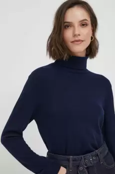 United Colors of Benetton pulover de lana femei, culoarea albastru marin, light, cu guler imagine