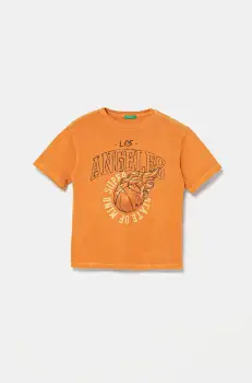 United Colors of Benetton tricou de bumbac pentru copii culoarea portocaliu, cu imprimeu, 3PCMC10N7 imagine