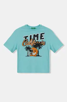 United Colors of Benetton tricou de bumbac pentru copii culoarea turcoaz, cu imprimeu, 3I1XC10O4 imagine