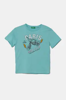 United Colors of Benetton tricou de bumbac pentru copii culoarea turcoaz, cu imprimeu, 3I1XG10IJ imagine