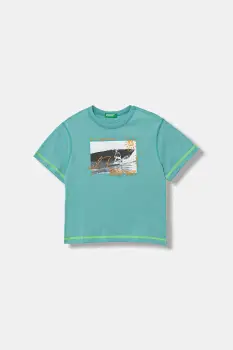 United Colors of Benetton tricou de bumbac pentru copii culoarea turcoaz, cu imprimeu, 3I1XG10JG imagine