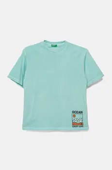 United Colors of Benetton tricou de bumbac pentru copii culoarea turcoaz, cu imprimeu, 3PCMC10N7 imagine
