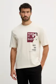 United Colors of Benetton tricou de pijama din bumbac culoarea bej, cu imprimeu, 30964M024 imagine