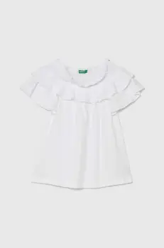 United Colors of Benetton tricou din amestec de in pentru copii culoarea alb, decolteu spaniol imagine