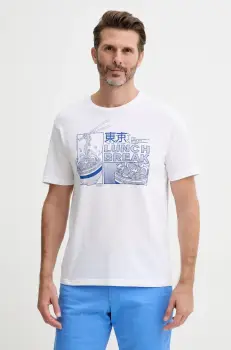 United Colors of Benetton tricou din bumbac barbati, culoarea alb, cu imprimeu, 3I1XU10A4 imagine