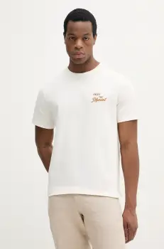 United Colors of Benetton tricou din bumbac barbati, culoarea bej, cu imprimeu, 34BNU10AP imagine