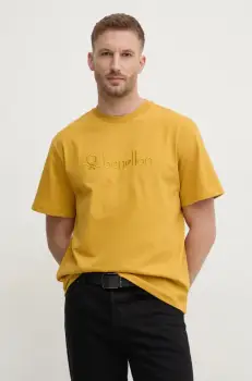 United Colors of Benetton tricou din bumbac barbati, culoarea galben, cu imprimeu, 3MI6U109O imagine