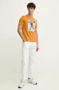 United Colors of Benetton tricou din bumbac barbati, culoarea portocaliu, cu imprimeu, 3I1XU109U imagine