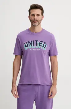 United Colors of Benetton tricou din bumbac barbati, culoarea violet, cu imprimeu, 3I1XU1096 imagine