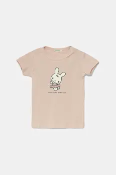 United Colors of Benetton tricou din bumbac pentru bebelusi culoarea roz, cu imprimeu, 3I9WA1062 imagine