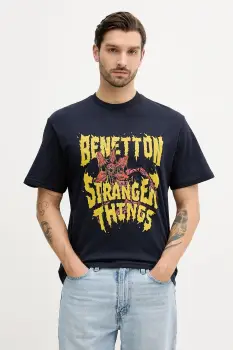 United Colors of Benetton tricou din bumbac x Stranger Things culoarea albastru marin, cu imprimeu, 3BL0U10BB imagine