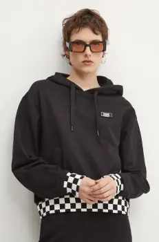 Vans hanorac de bumbac femei, culoarea negru, cu gluga, cu imprimeu, VN000GJ2BLK1 imagine