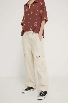 Vans pantaloni de bumbac culoarea bej, drept, high waist imagine