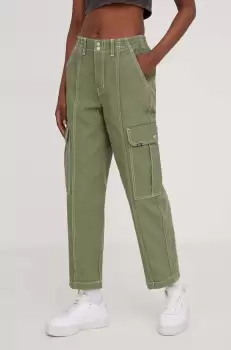Vans pantaloni femei, culoarea verde, drept, high waist imagine