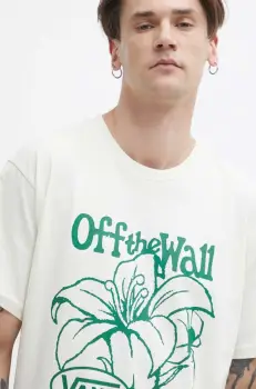 Vans tricou din bumbac barbati, culoarea bej, cu imprimeu imagine