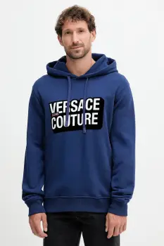 Versace Jeans Couture hanorac de bumbac culoarea bleumarin, cu gluga, cu imprimeu, 79GAIP05 CF07P imagine