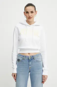 Versace Jeans Couture hanorac de bumbac femei, culoarea alb, cu gluga, cu imprimeu, 78HAIT01 CF01T imagine