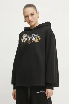 Versace Jeans Couture hanorac de bumbac femei, culoarea negru, cu gluga, cu imprimeu, 78HAIC05 CF00C imagine