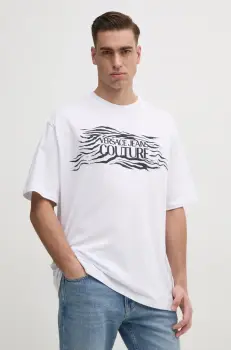 Versace Jeans Couture tricou din bumbac barbati, culoarea alb, cu imprimeu, 78GAH6L1 J0001 imagine