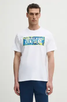 Versace Jeans Couture tricou din bumbac barbati, culoarea alb, cu imprimeu, 78GAHE04 CJ00E imagine