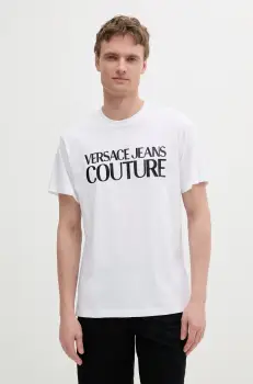 Versace Jeans Couture tricou din bumbac barbati, culoarea alb, cu imprimeu, 78GAHE05 CJ00E imagine