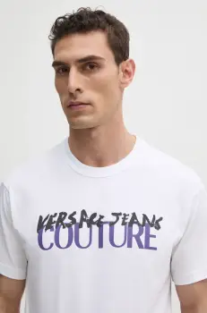 Versace Jeans Couture tricou din bumbac barbati, culoarea alb, cu imprimeu, 78GAHE06 CJ00E imagine