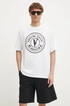 Versace Jeans Couture tricou din bumbac barbati, culoarea alb, cu imprimeu, 78GAHE08 CJ00E imagine