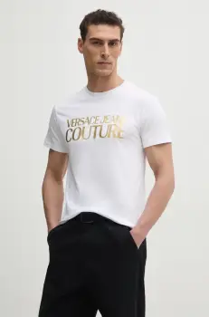 Versace Jeans Couture tricou din bumbac barbati, culoarea alb, cu imprimeu, 78GAHT05 CJ00T imagine