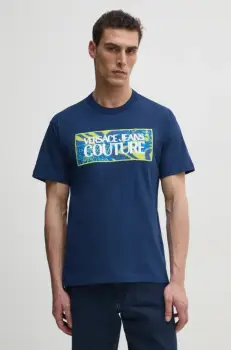 Versace Jeans Couture tricou din bumbac barbati, culoarea albastru marin, cu imprimeu, 78GAHE04 CJ00E imagine