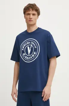 Versace Jeans Couture tricou din bumbac barbati, culoarea albastru marin, cu imprimeu, 78GAHE08 CJ00E imagine
