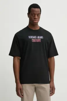 Versace Jeans Couture tricou din bumbac barbati, culoarea negru, cu imprimeu, 78GAHC02 CJ01C imagine