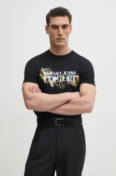 Versace Jeans Couture tricou din bumbac barbati, culoarea negru, cu imprimeu, 78GAHC05 CJ01C imagine