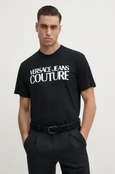 Versace Jeans Couture tricou din bumbac barbati, culoarea negru, cu imprimeu, 78GAHE05 CJ00E imagine