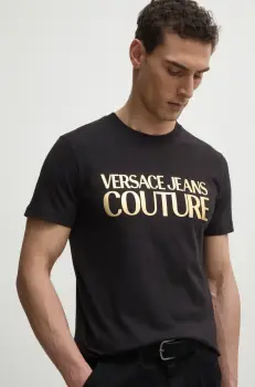 Versace Jeans Couture tricou din bumbac barbati, culoarea negru, cu imprimeu, 78GAHT05 CJ00T imagine