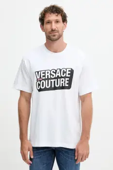 Versace Jeans Couture tricou din bumbac culoarea alb, cu imprimeu, 79GAHP02 CJ01P imagine