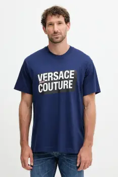 Versace Jeans Couture tricou din bumbac culoarea bleumarin, cu imprimeu, 79GAHP02 CJ01P imagine