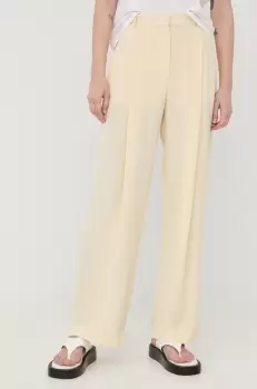 Victoria Beckham pantaloni de matase femei, culoarea bej, lat, high waist imagine