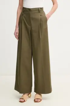 Weekend Max Mara pantaloni de bumbac femei, culoarea verde, lat, high waist, 2515131121600 imagine