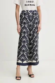 Weekend Max Mara pantaloni de matase OTTICO culoarea bleumarin, drept, high waist, 2615131011600 imagine