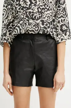 Weekend Max Mara pantaloni scurti de piele femei, culoarea negru, uni, high waist, 2515431011600 imagine