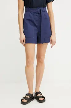 Weekend Max Mara pantaloni scurti din amestec de in femei, culoarea bleumarin, uni, high waist, 2515141012600 imagine