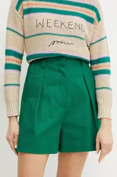 Weekend Max Mara pantaloni scurti din bumbac femei, culoarea verde, neted, high waist, 2515141016600 imagine
