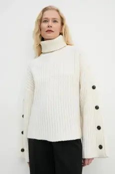 Won Hundred pulover de lana femei, culoarea bej, calduros, cu guler, 3425-11098 imagine