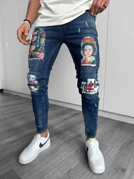 Blugi barbati conici albasatri cu stikere 1446 imagine