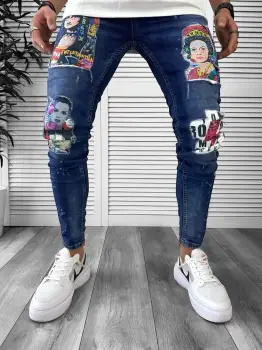 Blugi barbati conici albasatri cu stikere 1446 imagine