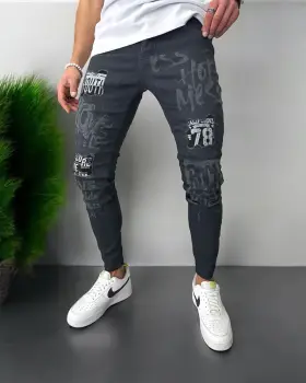 Blugi barbati conici  imprimeu si stikere  1253  G4-5 imagine