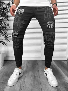 Blugi barbati conici  imprimeu si stikere  1253  G4-5 imagine