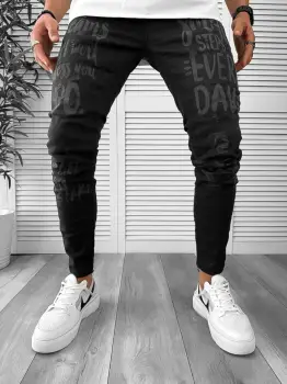 Blugi barbati conici negri cu imprimeu 1251 imagine